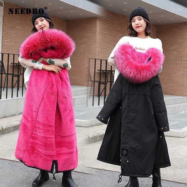 

needbo winter jacket women coat fur collar long parka mujer long ladies puffer coat women elegant casaco feminino parka outwear1, Black