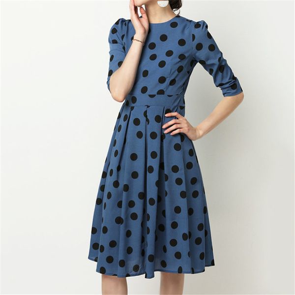 

2021 new casual polka dot dress elegant line office long five-point around the neck dressed retro 8stw, Black;gray