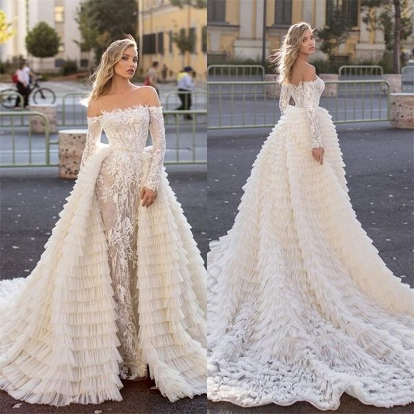 

luxury mermaid wedding dresses with detachable train off shoulder long sleeve lace ruffles puffy skirt bridal gowns plus size, White