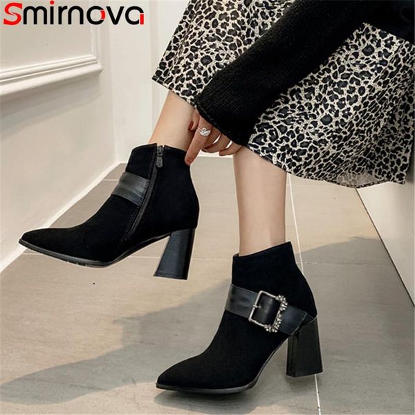 

boots smirnova 2021 women ankle buckle crystal high heels shoes zipper round toe autumn dress party ladies, Black