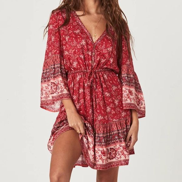 

mini dresses for women robe gypsy red floral print summer dresses rayon flare sleeve v-neck short boho dresses vestido, Black;gray
