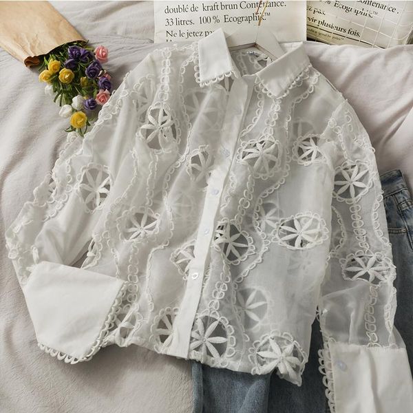 

women's blouses & shirts hook flower single breasted cardigan base coat versatile collar long sleeve in autumn and winter 2021, White