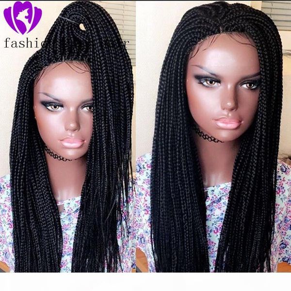 

new fashion 13x4 lace front wigs long braided box braids wigs baby hair cornrows braids for africans black women synthetic hair, Black;brown