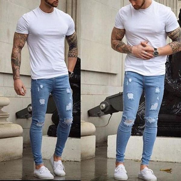 

men trendy break hole skinny jeans frayed slim fit denim ripped pants1, Blue