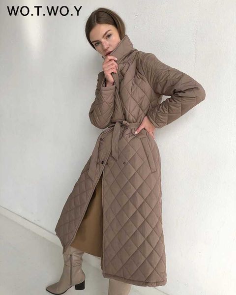 

wotwoy argyle belted long parkas women cotton-padded thick winter jacket female solid casual oversized warm overcoat with pocket, Black