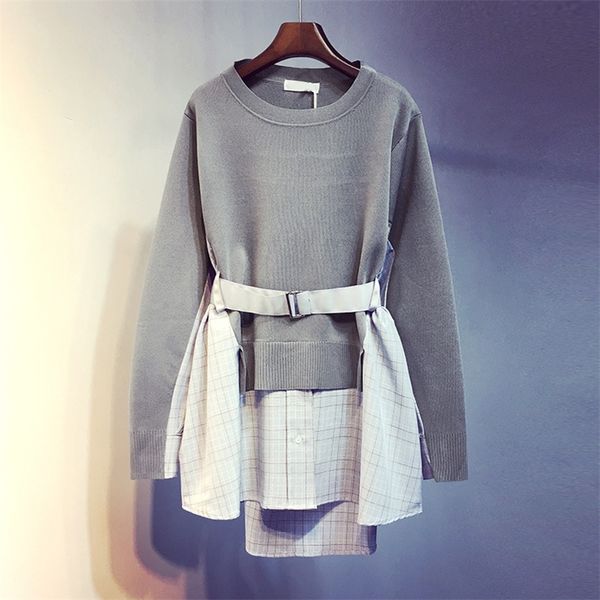 

[ewq] fake two-piece knitted sweater bottoming sweater coat medium and long loose autumn coat women 3aj64901 201130, White;black