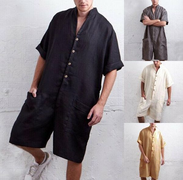 

mens one piece casual jumpsuit romper short sleeve linen street casual cargo pants overalls playsuit1, Gray