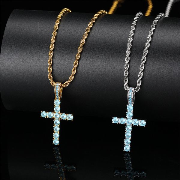

new arrived small size solid back cross necklace pendant iced out blue zircon mens hip hop jewelry gift, Silver