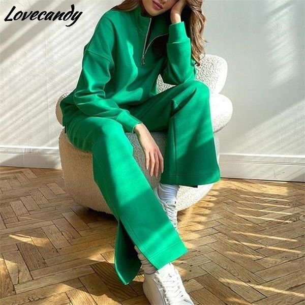 

women fashion solid tracksuit 2 piece set autumn female loose casual turn-down collar pullover and pants suit sports outfit 220315, White