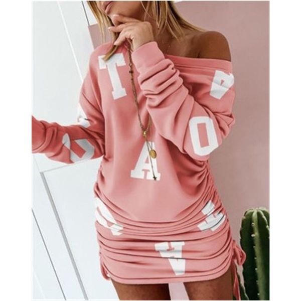

ladies drawstring folds dress fashion trend long sleeve round neck buttocks short skirt designer female winter new slim casual dress, Black;gray