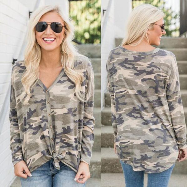 

v-neck cardigan camouflage fashion casual printed t-shirt new style long sleeve shirt women t shirt, White