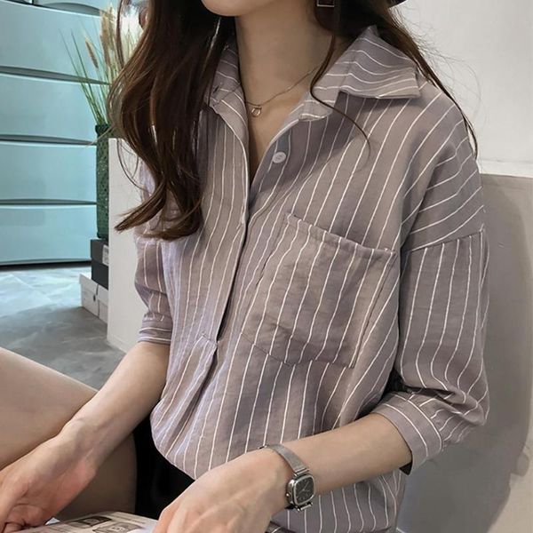 

women summer striped loose 3/4 sleeves casual shirt lapel collar blouse, White
