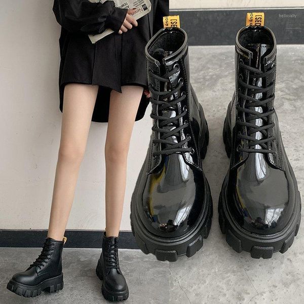 

winter leather boots women black bright leather motorcycle platform boots ladies punk combat ankle black matte short plush1
