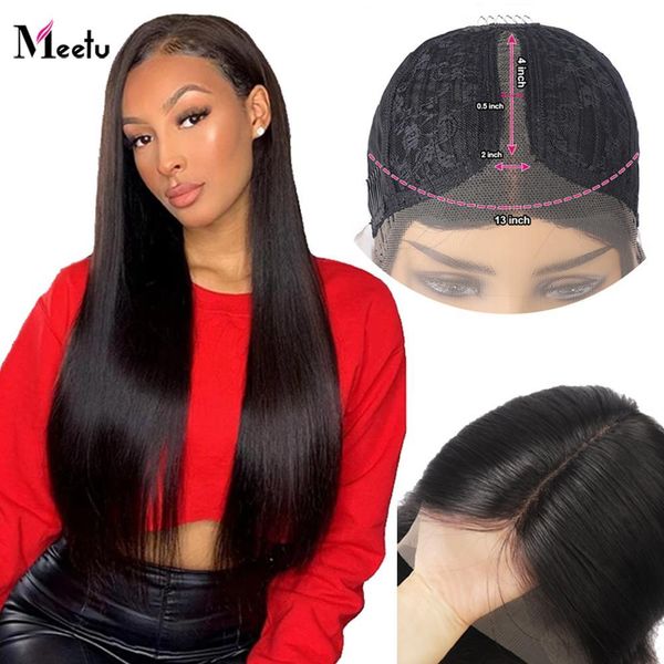 

meetu t part front lace wigs straight pre plucked human hair lace frontal wigs 8-28 inch bleached knots remy lace wigs for women, Black