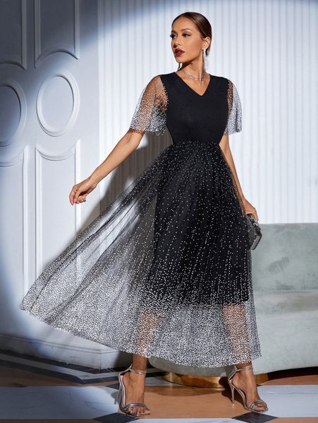 

v neck contrast dobby mesh dress o3fk#, Black;gray