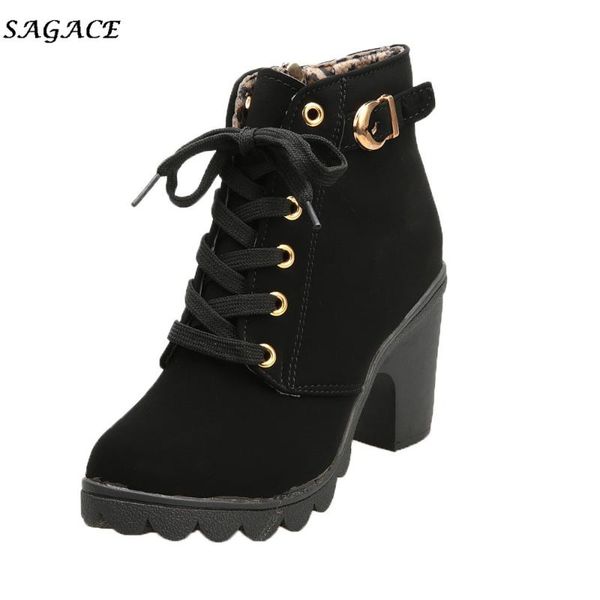 

boots sagace shoes winter ankle for women round toe lace-up buckle pu fashion warm ladies 5.5cm heel, Black