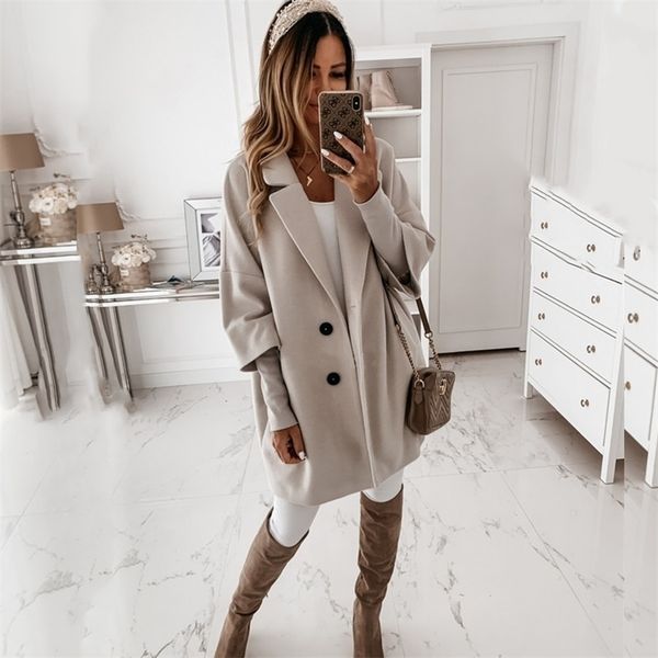 

autumn winter woolen blends women blazers solid casual button loose 3/4 sleeve office lady blazer long coat outerwear 201216, Black