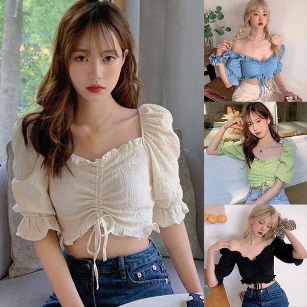 

womens solid color slash neck blouses sweet short sleeve korean style shirt drop shipping, White