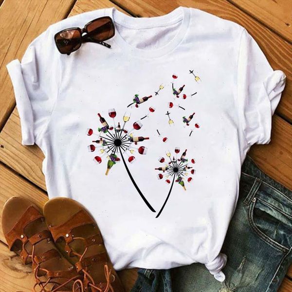 

t shirt women funny wine glasses dandelion print white t shirt casual ladies tshirt fashion short sleeves female