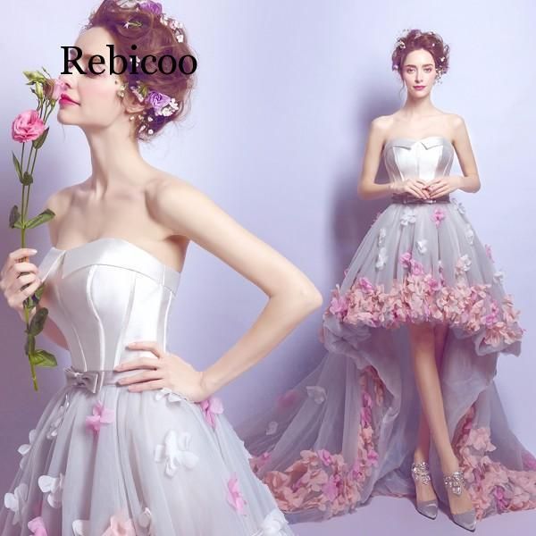 

flowers dresses short front long back evening gown gray organza fashion party formal gown for graduation1, Black;gray