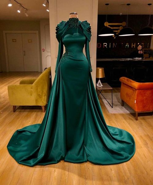 

elegant mermaid evening dresses with detachable train high-neck long sleeves beaded party gown formal ruched custom made prom dress, Black;red