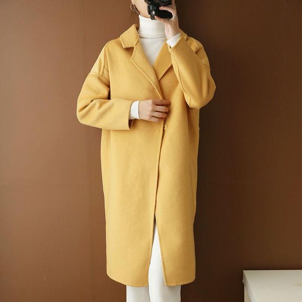 

women's wool & blends off season double faced cashmere overcoat mid long korean loose large cocoon denim slim, Black