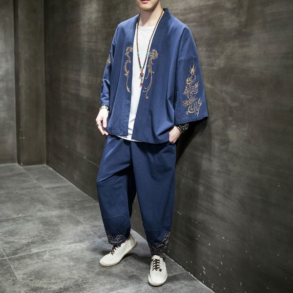 

2021 new chinese style men's sets embroidered 2 piece set pants clothes streetwear fashion male clothing lqwb, Black