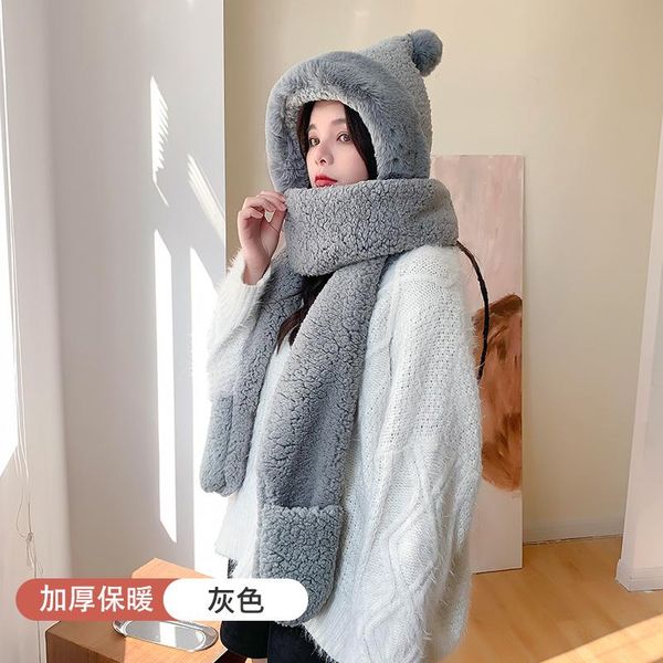 

korean version of winter thick warm plush hat students cute hat scarf gloves one hooded three-piece scarf wool pink, Blue;gray