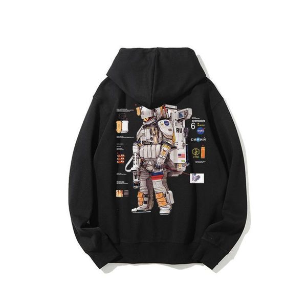 

male autumn hoodied healthy astronaut tissue printed sweatshirt with loose hoodie fit wearing sweatpants for lovers, Black