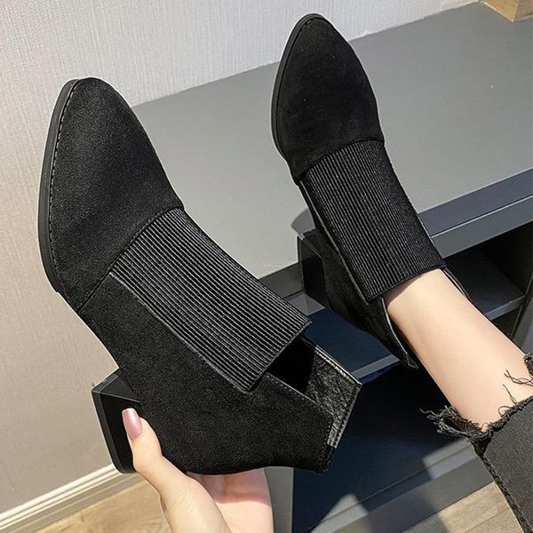 

mcckle women ankle boots ladies slip on suede stretch fabric elegant shoes chunky heels female casual boots woman footwear, Black