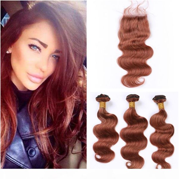 

#33 reddish brown peruvian wavy human hair weave bundles with closure copper red body wave virgin hair extensions with lace closure 4x4, Black