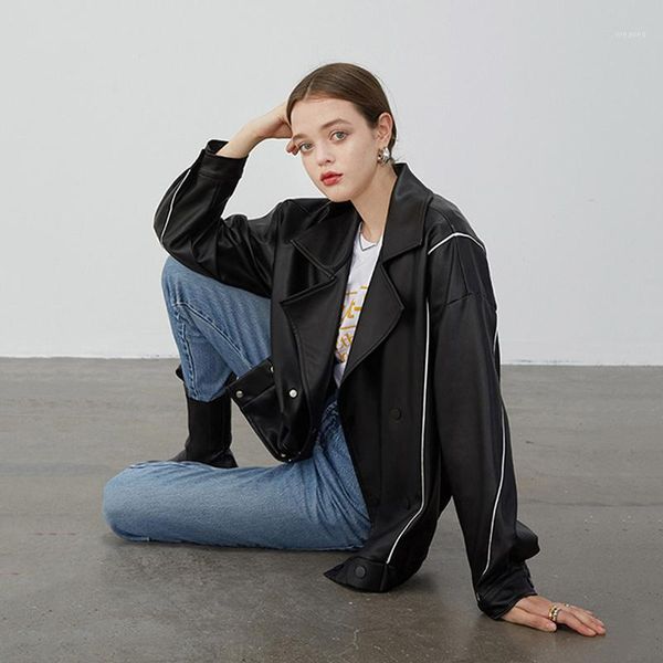 

loose fit black pu leather split big size jacket new lapel long sleeve women coat fashion tide spring autumn 1da58801s1, Black;brown