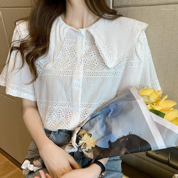

2020 summer new korean style shirts pure color exquisite crocheted doll collar girl's shirt1, White