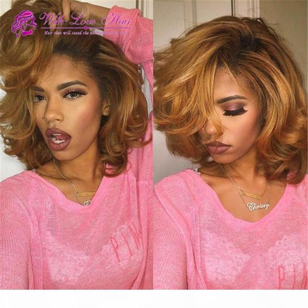 

virgin mongolian ombre lace front bob wigs #1b 27 honey blonde two tone colored short bob glueless full lace wigs 130% density, Black