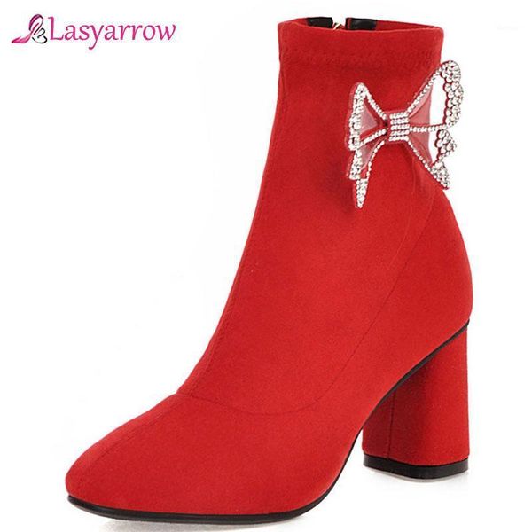 

boots lasyarrow 2021 autumn winter big size 32-48 chunky high heels ankle woman shoes women bowtie sock female j10721, Black