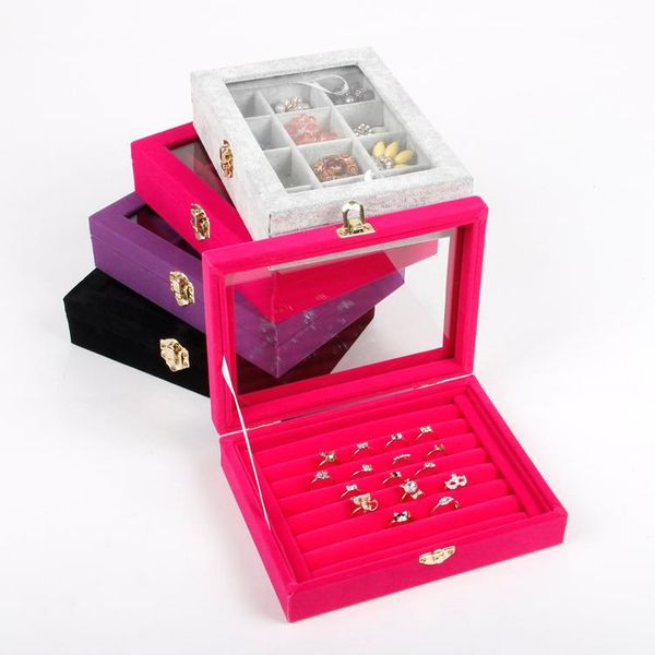 

tonvic gray/black/pink/purple velvet jewelry case storage box with glass lid for bracelet earring ring pendant new arrival, Pink;blue
