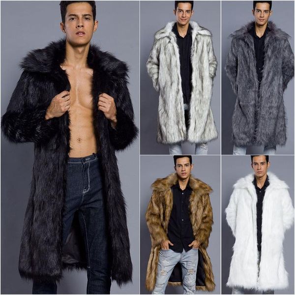 

men's fur & faux men coat winter outwear keep warm punk jackets long leather overcoats gentleman brand thick clothing, Black