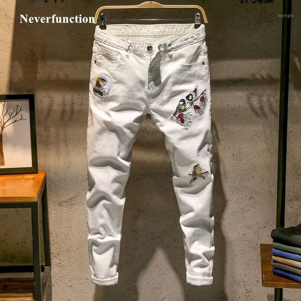 

new men slim white bird embroidered hip hop jeans fashion slim skinny casual mens stretch denim jeans joggers trousers 28 - 381, Blue