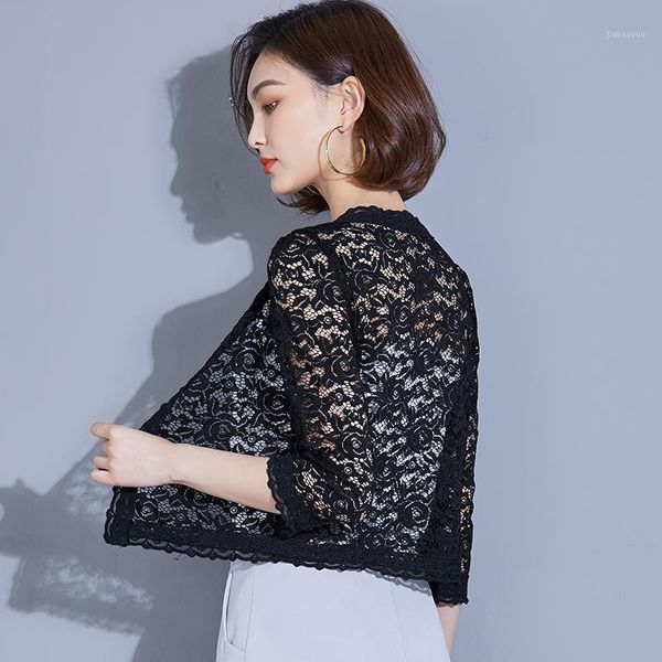 

2020 women fashion casual lace plus size wrap coat hollow out three quarter leeve small shawl cardigan office beach 1, White;black