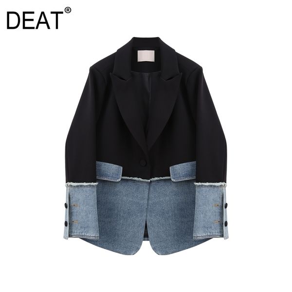 

[deat] women denim spliced hit color split blazer new lapel long sleeve loose fit jacket fashion tide spring autumn 13s186 201201, White;black