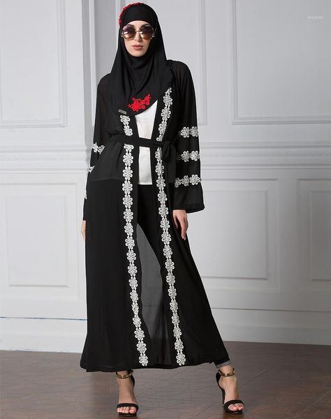 

2018 casual appliques black abaya muslim women long sleeve belt patchwork traditional cardigan fall dubai kaftan1, Red
