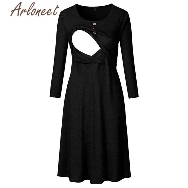 ARLONEET Schwangere Kleidung Frauen Mutterschaft Kleider Langarm Kleid Baumwolle Taste Knielangen Kleider Winter Damen Vestidos LJ201123