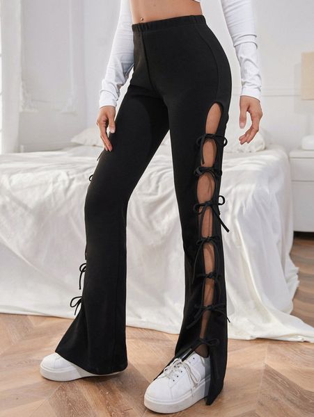 

elastic waist cut-out knot side flare leg pants a3iq#, Black;white