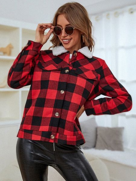 

buffalo plaid borg collar jacket s22z#, Black;brown
