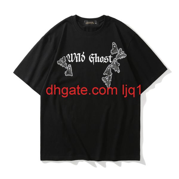 

ghost embroidery short sleeve t-shirt men's fashion high street round neck half sleeve dark wind trend loose t-shirt, White;black