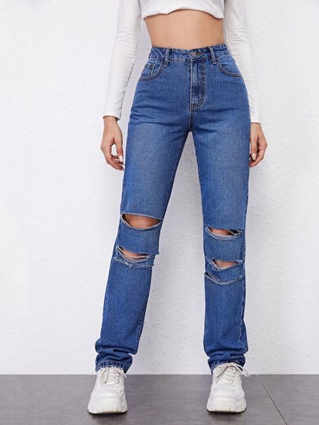 

high waisted ripped straight jeans 820b#, Blue