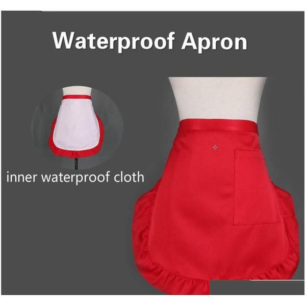 

solid color waterproof half short waist apron women cute frilly pockets chef cafe server waiter kitchen accessories 3j1e9
