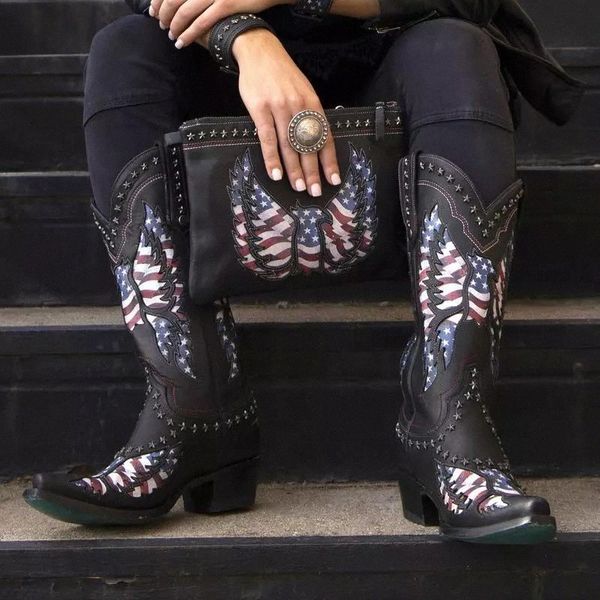 

mid calf women boots autumn rivetswoman shoes winter lace up vintage flat boots printing genuine leather retro botas mujer #869l, Black