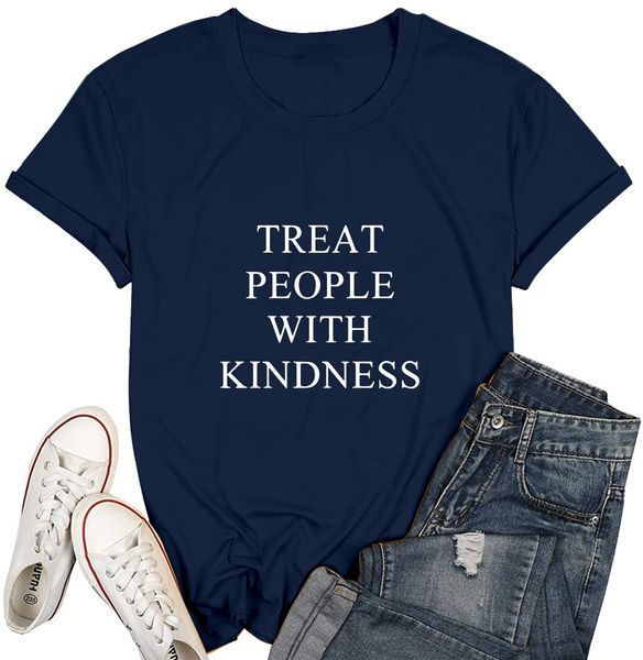 

t0046 europe and america treat people with kindness letter printed cotton short-sleeved t-shirt women, White