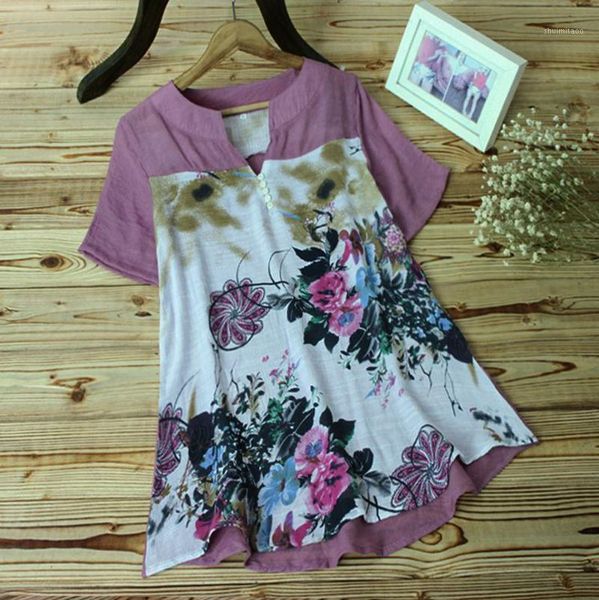 

linen printed blouse for women v-neck floral printing patch short sleeves blouse plus size blusas mujer de moda 2019 @351, White